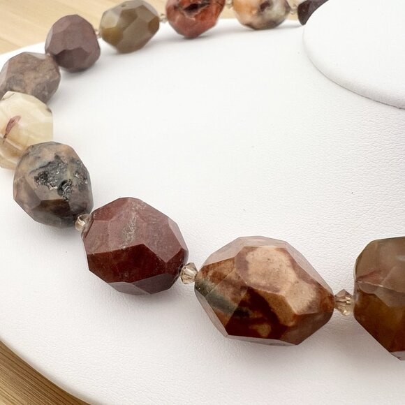 Agate Carnelian Stone Statement Collar Necklace Faceted Chunky Earth Tones - Picture 8 of 13